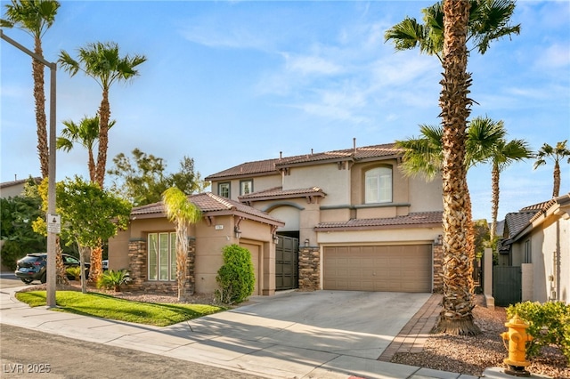 11784 Golden Moments Ave, Las Vegas, NV 89138 - view of front of property featuring stucco siding, stone siding, a tiled roof, and concrete driveway
