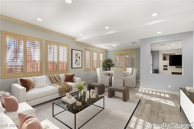 11784 Golden Moments Ave, Las Vegas, NV 89138 - living room featuring light wood finished floors, baseboards, recessed lighting, and crown molding