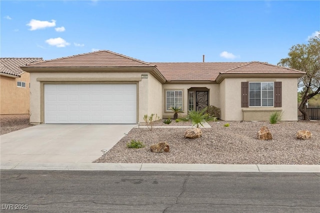 ranch-style house featuring stucco siding, a tile roof, and driveway
