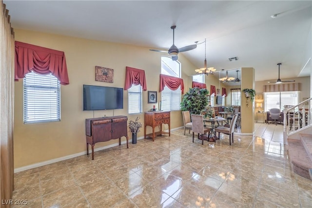 8942 Galena Crossing St, Las Vegas, NV 89123 - dining space featuring ceiling fan, baseboards, plenty of natural light, and vaulted ceiling