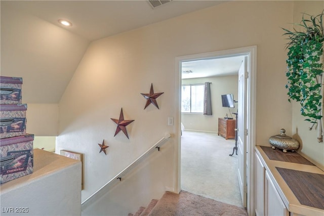 8942 Galena Crossing St, Las Vegas, NV 89123 - hall with light colored carpet, an upstairs landing, lofted ceiling, and recessed lighting