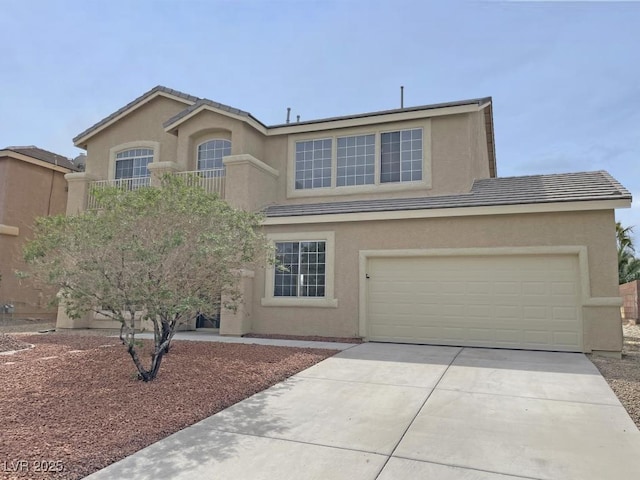825 Happy Sparrow Ave, Henderson, NV 89052 - traditional home featuring a garage, a tiled roof, driveway, and stucco siding