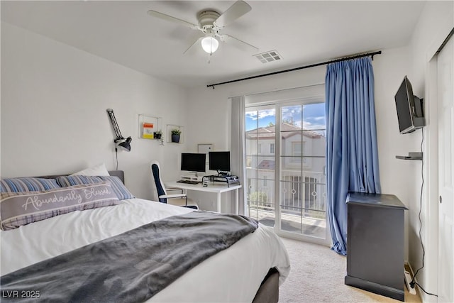 bedroom with visible vents, ceiling fan, light carpet, and access to exterior