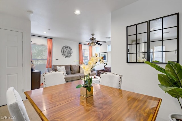 dining area with a ceiling fan, recessed lighting, and visible vents