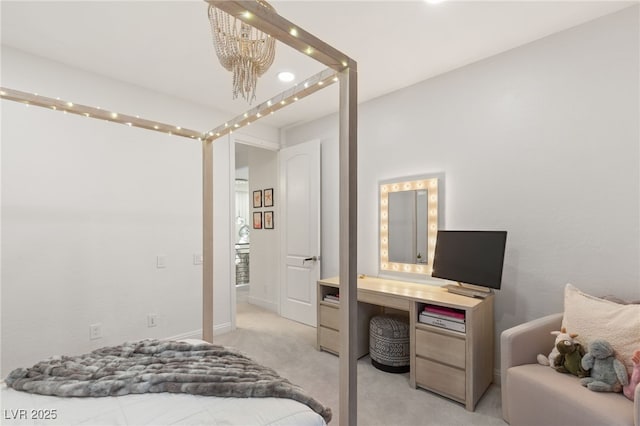 bedroom with baseboards, light carpet, an inviting chandelier, and recessed lighting