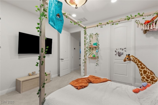 carpeted bedroom featuring recessed lighting, visible vents, and baseboards
