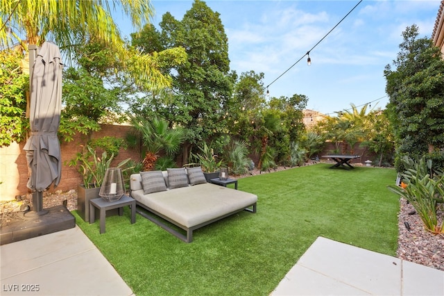 view of yard featuring a patio and a fenced backyard