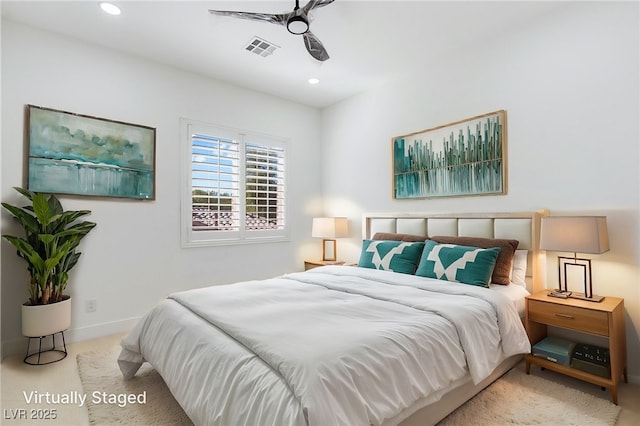 bedroom with recessed lighting, visible vents, carpet flooring, and baseboards