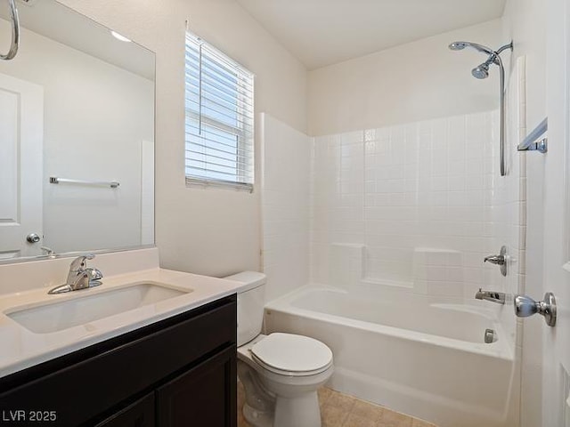 full bathroom with shower / tub combination, vanity, toilet, and tile patterned flooring