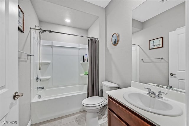 full bathroom with shower / bath combo, toilet, vanity, and tile patterned flooring