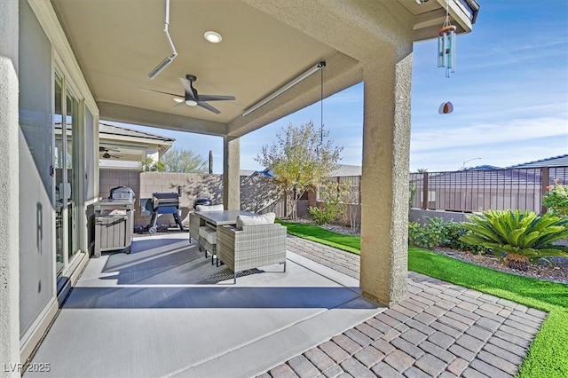view of patio / terrace with an outdoor hangout area, a ceiling fan, a fenced backyard, and a grill