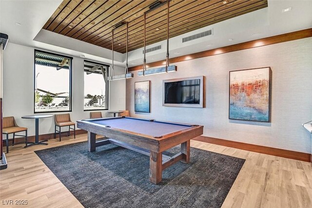 playroom featuring wood finished floors, baseboards, pool table, and a raised ceiling
