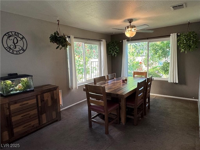 2807 Camelback Ln, Henderson, NV 89074 - dining area featuring baseboards, a textured ceiling, ceiling fan, and plenty of natural light