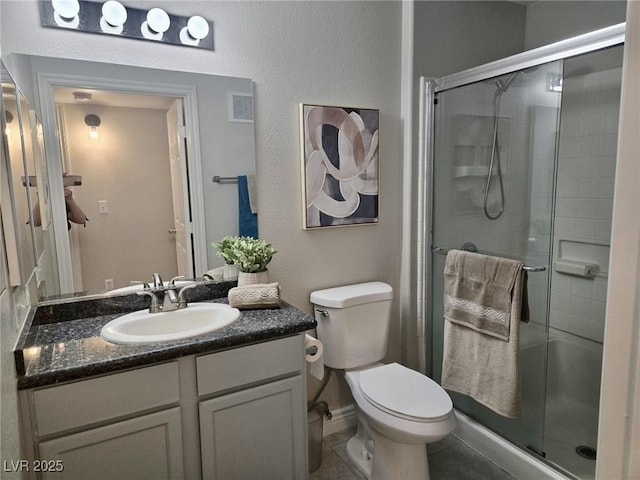 full bathroom with a shower stall, toilet, vanity, and visible vents