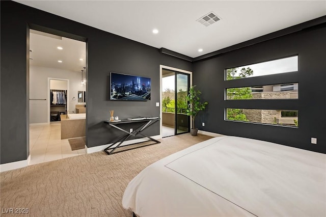 bedroom with baseboards, visible vents, recessed lighting, and access to outside