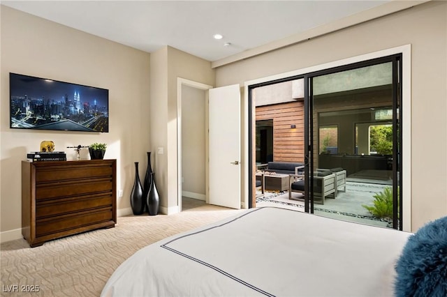 bedroom featuring recessed lighting, carpet flooring, and baseboards