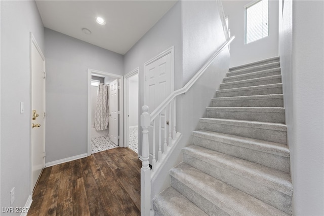7589 Grassy Bank St, Las Vegas, NV 89139 - staircase with wood finished floors, baseboards, and recessed lighting
