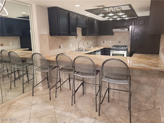 3621 Laguna Verde Way, Las Vegas, NV 89121 - kitchen featuring a peninsula, appliances with stainless steel finishes, under cabinet range hood, and a sink
