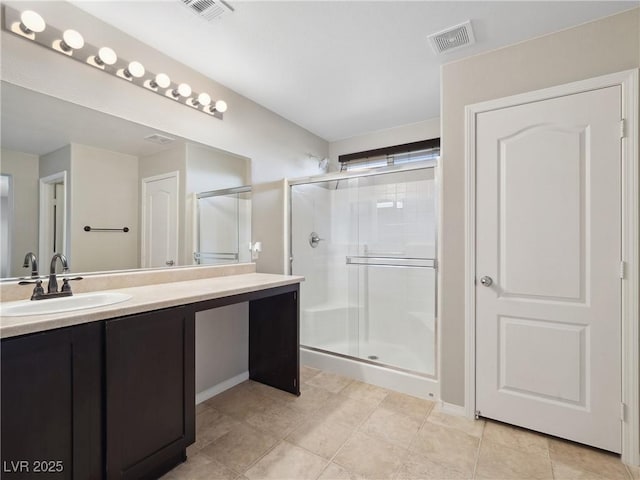 bathroom featuring a stall shower, vanity, and tile patterned floors