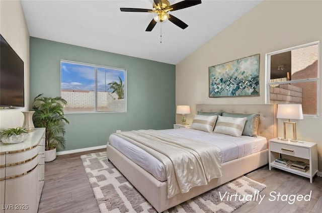 7957 Lovely Pine Pl, Las Vegas, NV 89143 - bedroom with lofted ceiling, wood finished floors, and ceiling fan