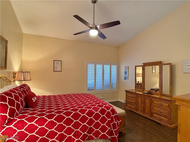 2022 Big Bend Way, Henderson, NV 89074 - bedroom with dark wood-style flooring, vaulted ceiling, and a ceiling fan