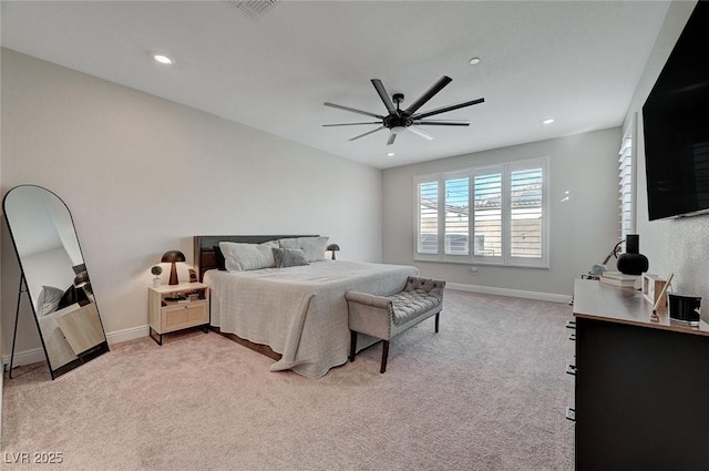 6544 Sandero Springs St, Las Vegas, NV 89166 - bedroom with light carpet, visible vents, baseboards, recessed lighting, and ceiling fan