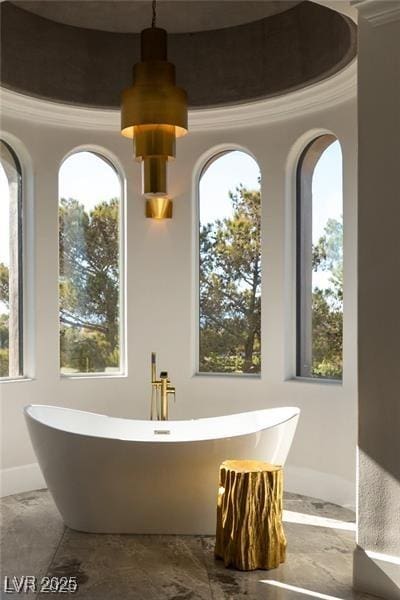 full bathroom with a freestanding bath, a healthy amount of sunlight, and marble finish floor