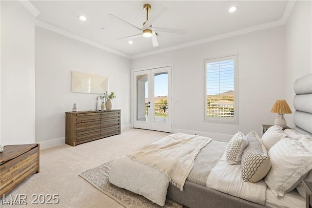 bedroom featuring recessed lighting, ornamental molding, light carpet, baseboards, and access to outside