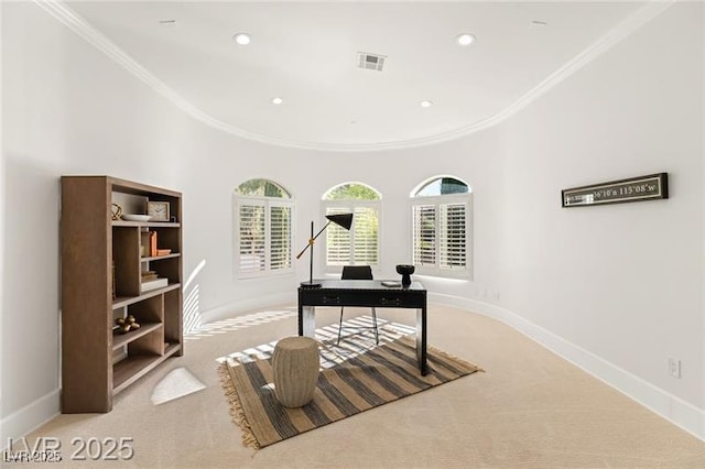 office area featuring light colored carpet, baseboards, and ornamental molding