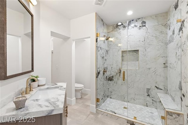 full bath with a marble finish shower, vanity, toilet, visible vents, and recessed lighting