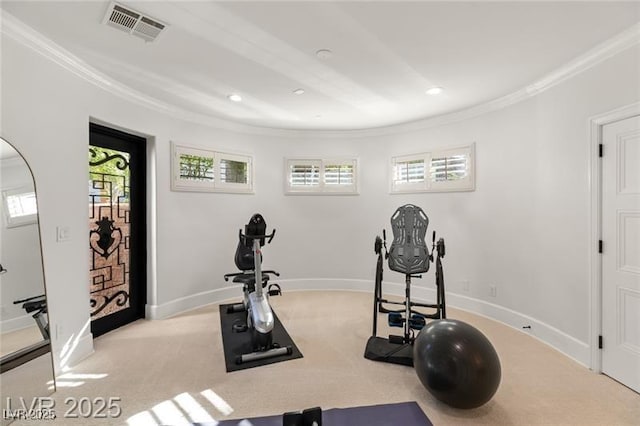workout area featuring baseboards, visible vents, light colored carpet, and ornamental molding