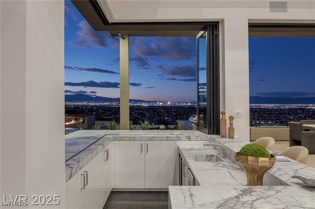 kitchen with white cabinets, dark wood-style floors, light stone counters, and a sink