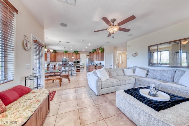 2733 Auchmull St, Henderson, NV 89044 - living room featuring a ceiling fan, light tile patterned flooring, and recessed lighting