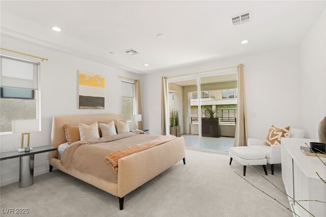 bedroom featuring light colored carpet, access to exterior, visible vents, and recessed lighting