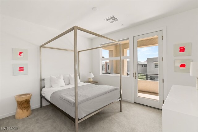 bedroom featuring visible vents, access to outside, baseboards, and light carpet