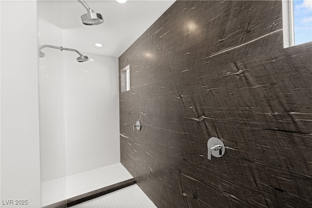 full bath with walk in shower and recessed lighting
