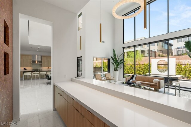 hall featuring a high ceiling, marble finish floor, and a healthy amount of sunlight