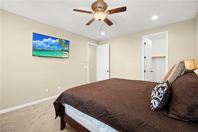 bedroom featuring baseboards, a ceiling fan, carpet flooring, and recessed lighting