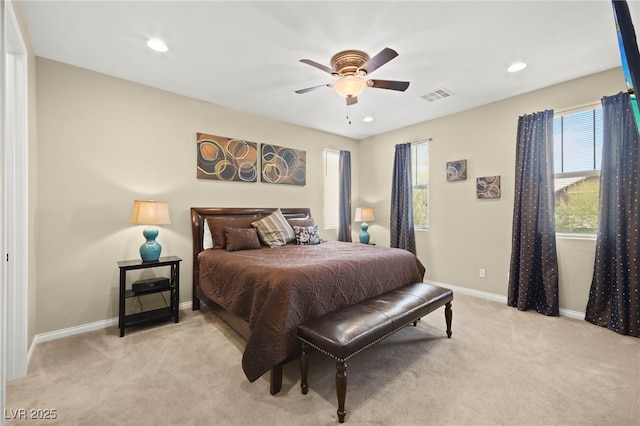bedroom featuring light carpet, baseboards, visible vents, recessed lighting, and ceiling fan
