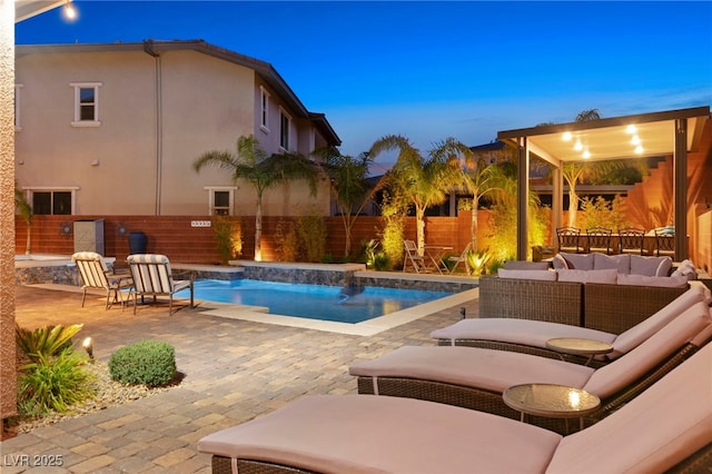 view of pool featuring a fenced backyard, a fenced in pool, an outdoor hangout area, and a patio