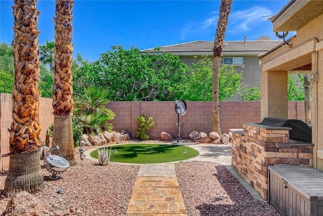 view of yard with a fenced backyard and a patio area