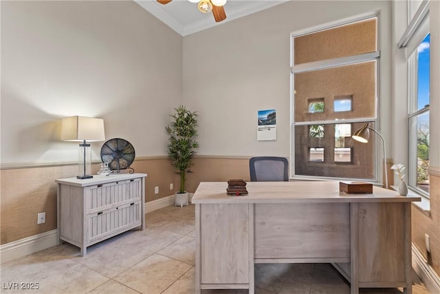 4624 Leon De Oro Dr, Las Vegas, NV 89129 - tiled office space featuring ceiling fan, crown molding, and baseboards