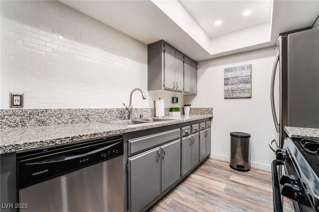 3120 S Eastern Ave Unit 5, Las Vegas, NV 89169 - kitchen with a sink, gray cabinets, light wood-style floors, and stainless steel appliances