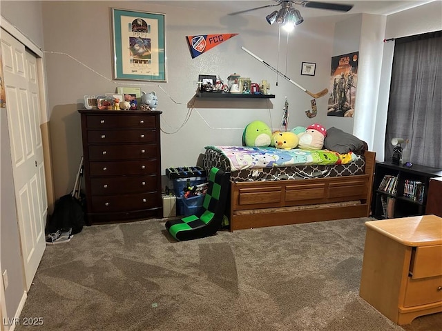 bedroom featuring carpet and ceiling fan