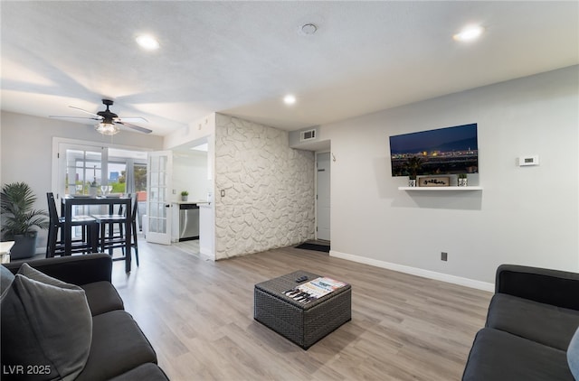 3120 S Eastern Ave Unit 6, Las Vegas, NV 89169 - living room with visible vents, baseboards, ceiling fan, recessed lighting, and light wood finished floors