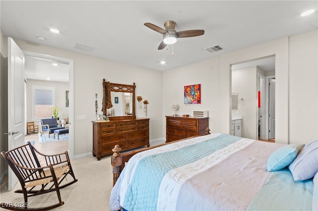 bedroom with recessed lighting, baseboards, visible vents, and light colored carpet
