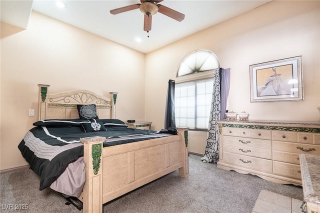 bedroom with recessed lighting, a ceiling fan, and light colored carpet