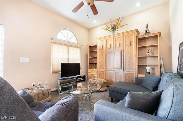 living room featuring baseboards, carpet, recessed lighting, and ceiling fan