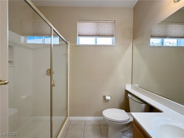 full bath with tile patterned flooring, a shower stall, toilet, and vanity