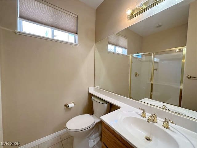 full bath featuring a wealth of natural light, tile patterned floors, a stall shower, and toilet
